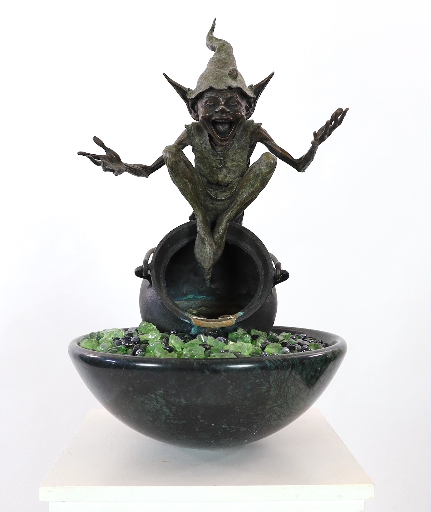 David Goode (British, b.1966). A bronze and marble water fountain ‘Jackpot’, height with marble bowl 61cm height overall 183cm